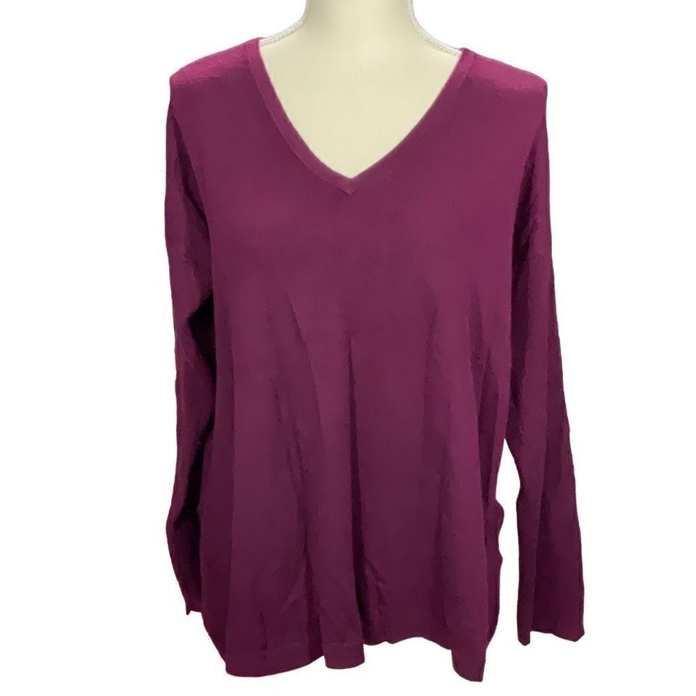 Vince Camuto Purple Pullover V Neck Sweater Ribbed Sleeves Side Slits Womens Med